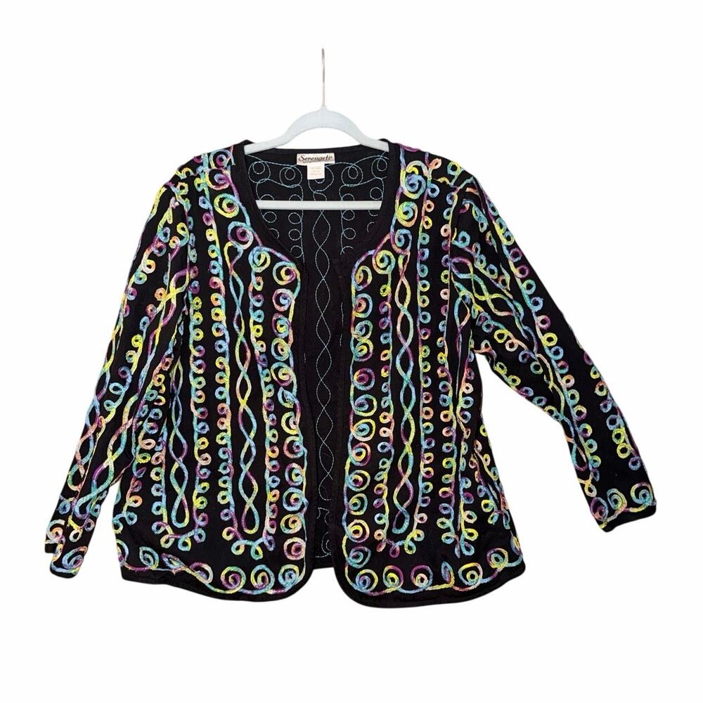 Serengeti black jacket mulicolor frayed swirl embellishment plus size 1X artsy